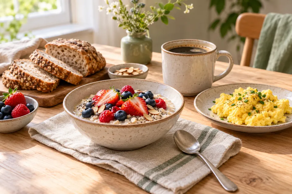 Frühstückstisch mit Haferbrei, Beeren, Brot und Rührei