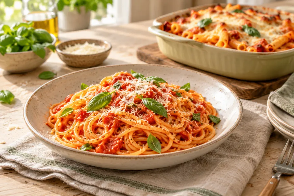 Spaghetti mit Tomatensauce und ein Nudelauflauf auf einem gedeckten Tisch