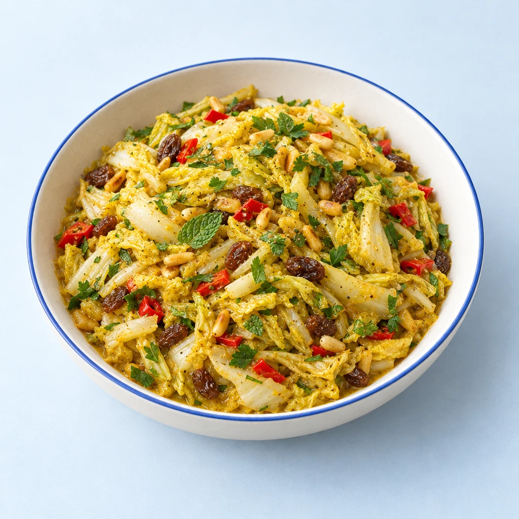 Chinakohlstreifen mit roter Chili, Rosinen, Petersilie und Minze, bestreut mit gerösteten Pinienkernen.