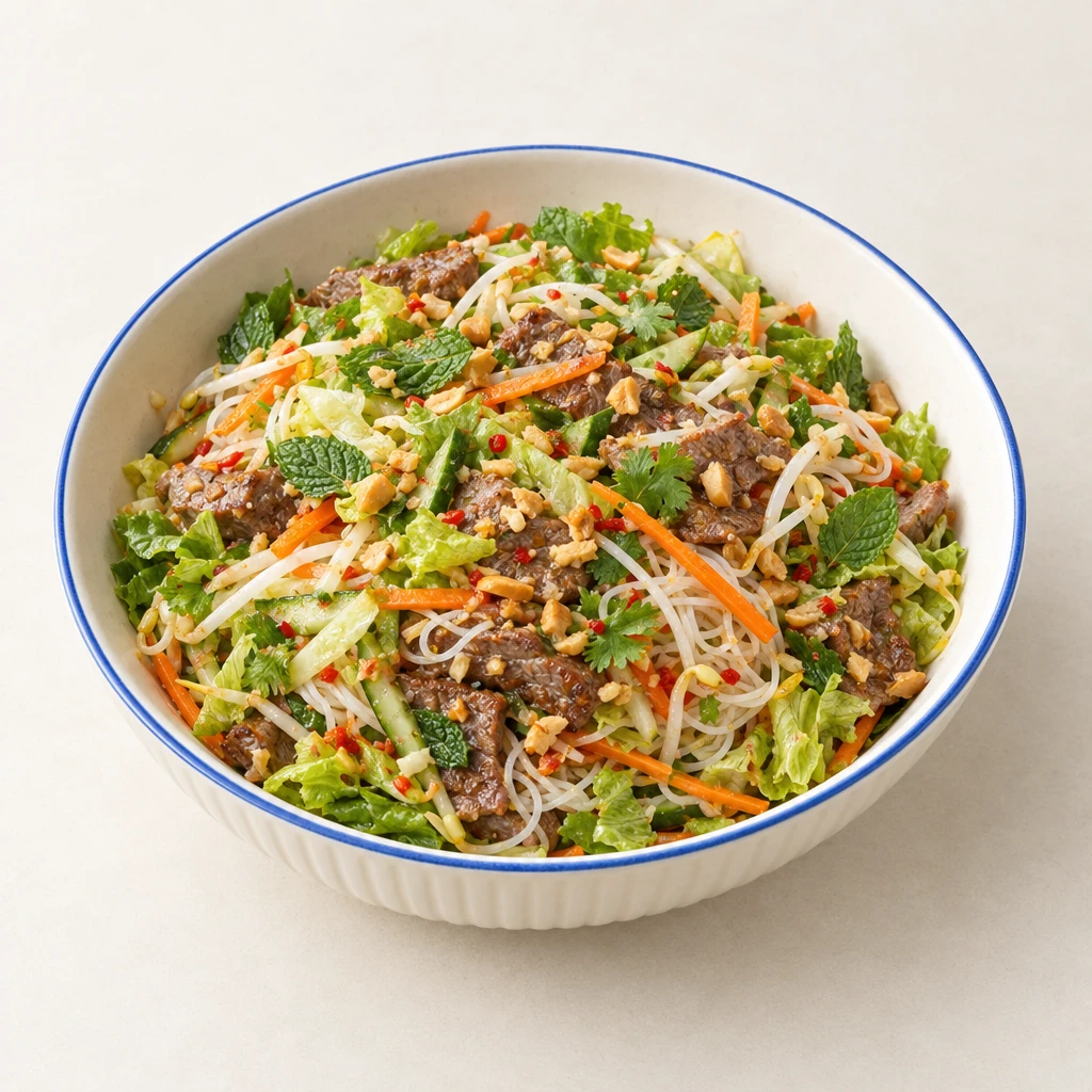Vietnamesischer Reisnudelsalat mit gebratenem Rindfleisch, Römersalat, Karotte, Gurke, Sprossen, Erdnüssen und frischen Kräutern.