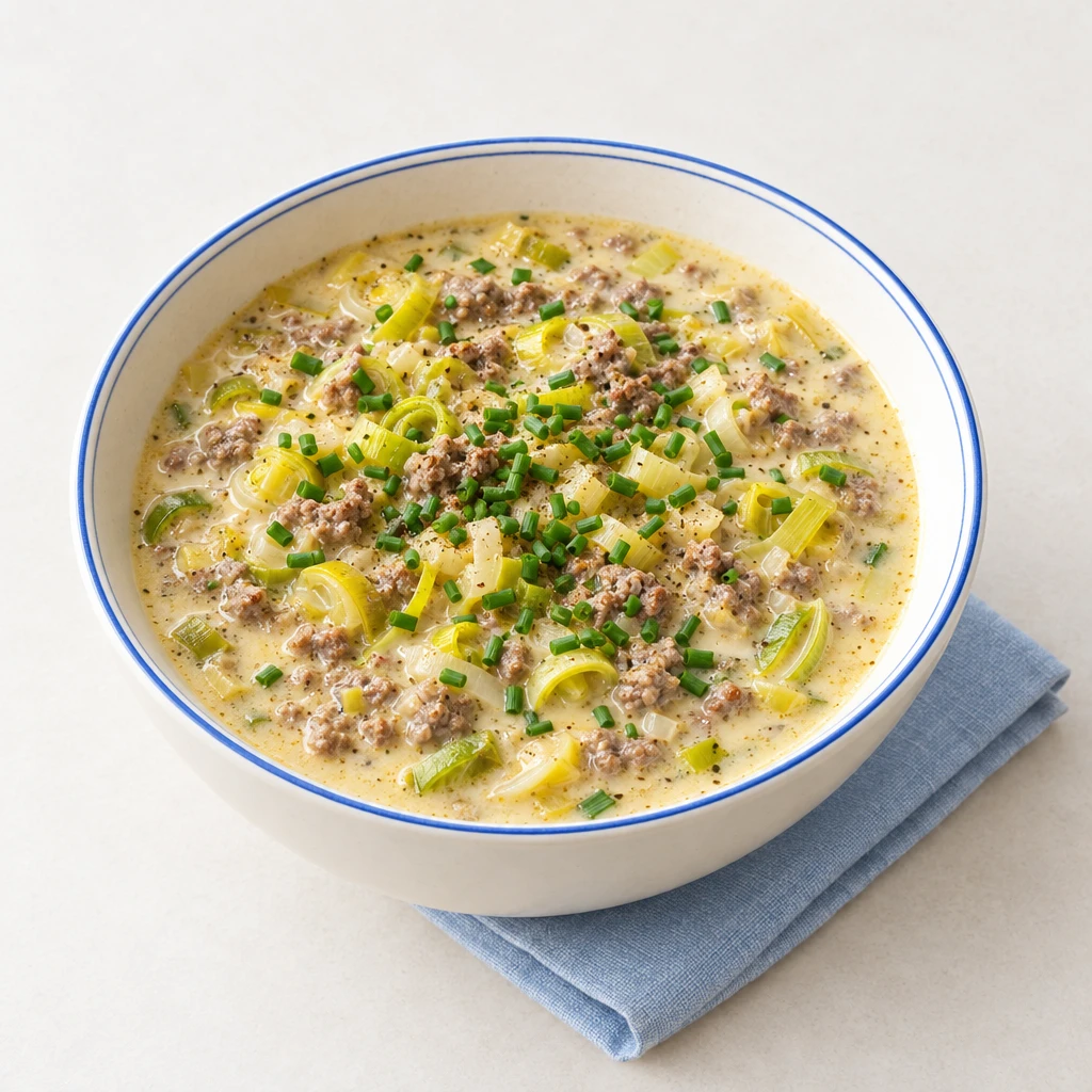Cremige Käse-Lauch-Hack-Suppe mit Lauchringen und Schnittlauchröllchen in einer Schüssel.