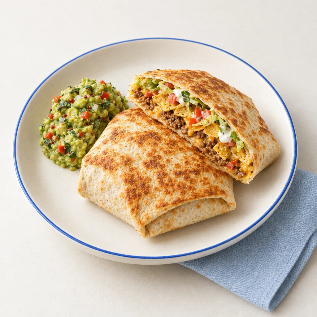 Halbierte, knusprig gebratene Tortilla-Wraps mit Rinderhack, Käse, Tortilla-Chips und Gemüse, daneben Guacamole.
