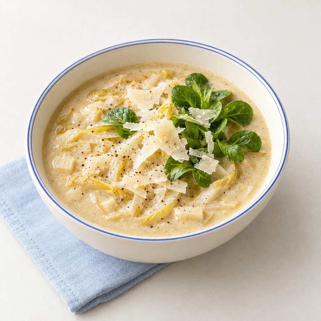 Cremige Chicoréesuppe mit Parmesanspänen und Feldsalat in einer Schale.