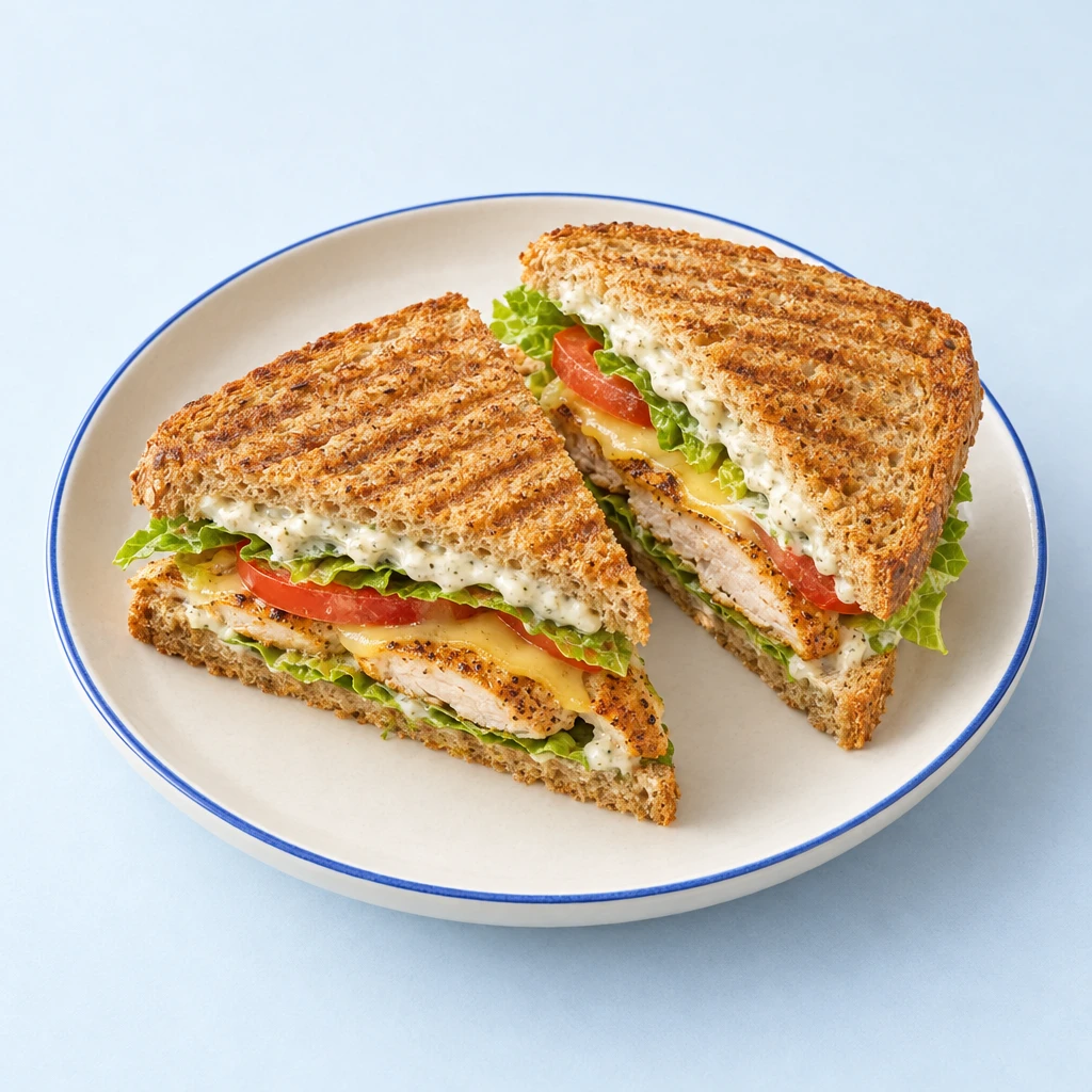 Gegrilltes Vollkorn-Sandwich mit Hähnchen, geschmolzenem Edamer, Römersalat, Tomate und Caesar-Sauce, diagonal halbiert auf einem Teller.