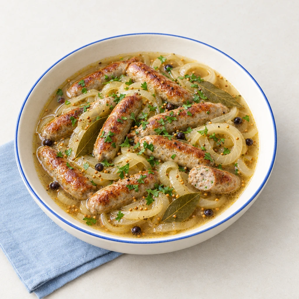 Saure Zipfel mit Zwiebelringen, Lorbeer und gehackter Petersilie in würzigem Essigsud.