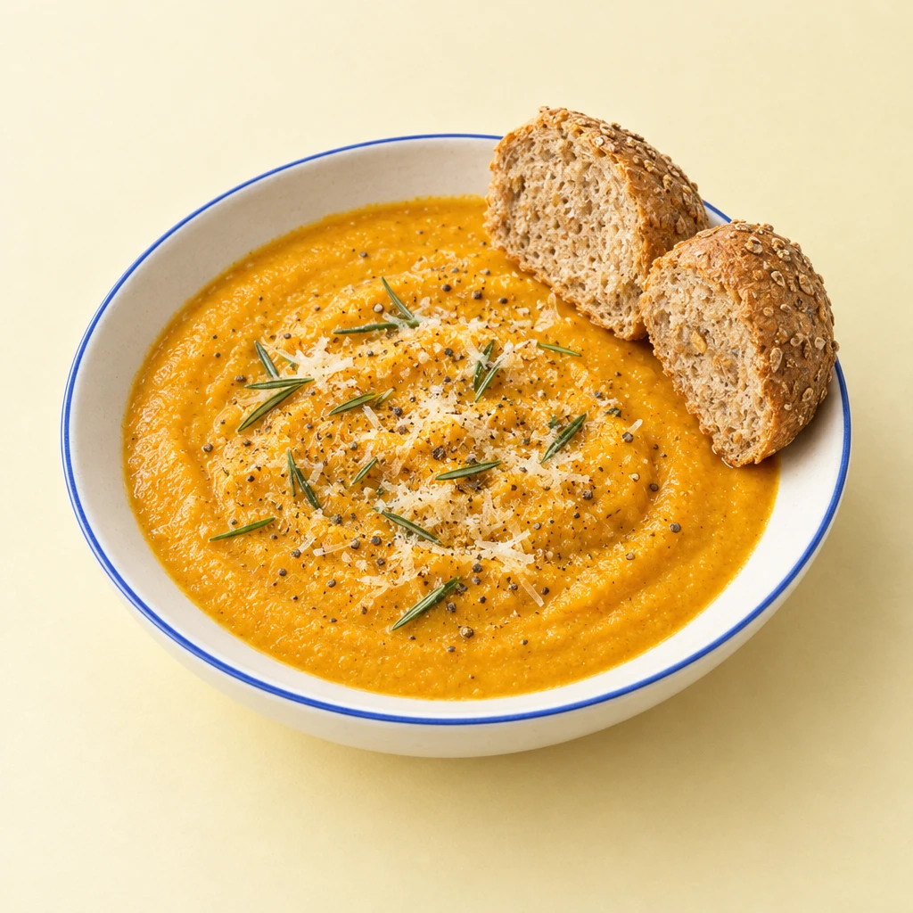 Orangefarbene Kürbiscreme mit feinen Rosmarinstückchen und halbierten Vollkornbrötchen.