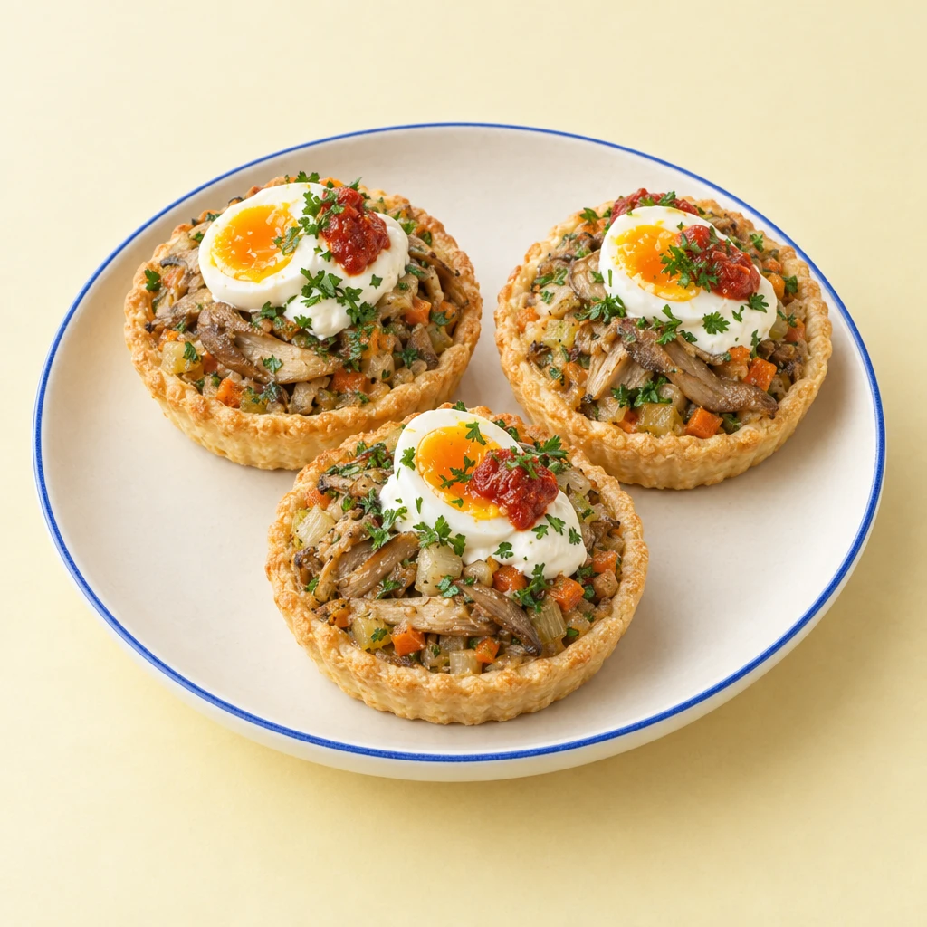 Goldbraune Austernpilztörtchen mit Gemüsefüllung, Crème fraîche, wachsweichen Eihälften, Tomatenmark und Petersilie.