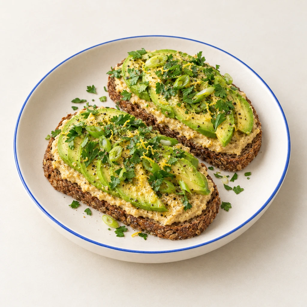 Roggenbrot mit Hummus, dünnen Avocadoscheiben, Frühlingszwiebeln und glatter Petersilie.