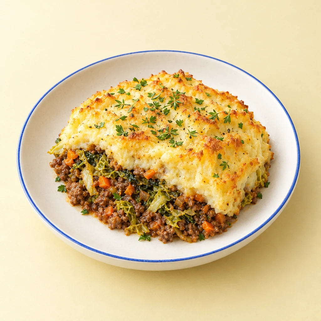Cottage Pie auf einem Teller mit leicht gebräunter Kartoffelpüreehaube, sichtbaren Wirsing- und Hackfleischschichten und frischen Kräutern.