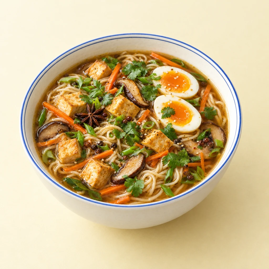 Mie-Nudelsuppe mit Möhrenstiften, Shiitake-Pilzen, goldbraunem Tofu, Frühlingszwiebeln, Koriander und einer wachsweichen Eihälfte.
