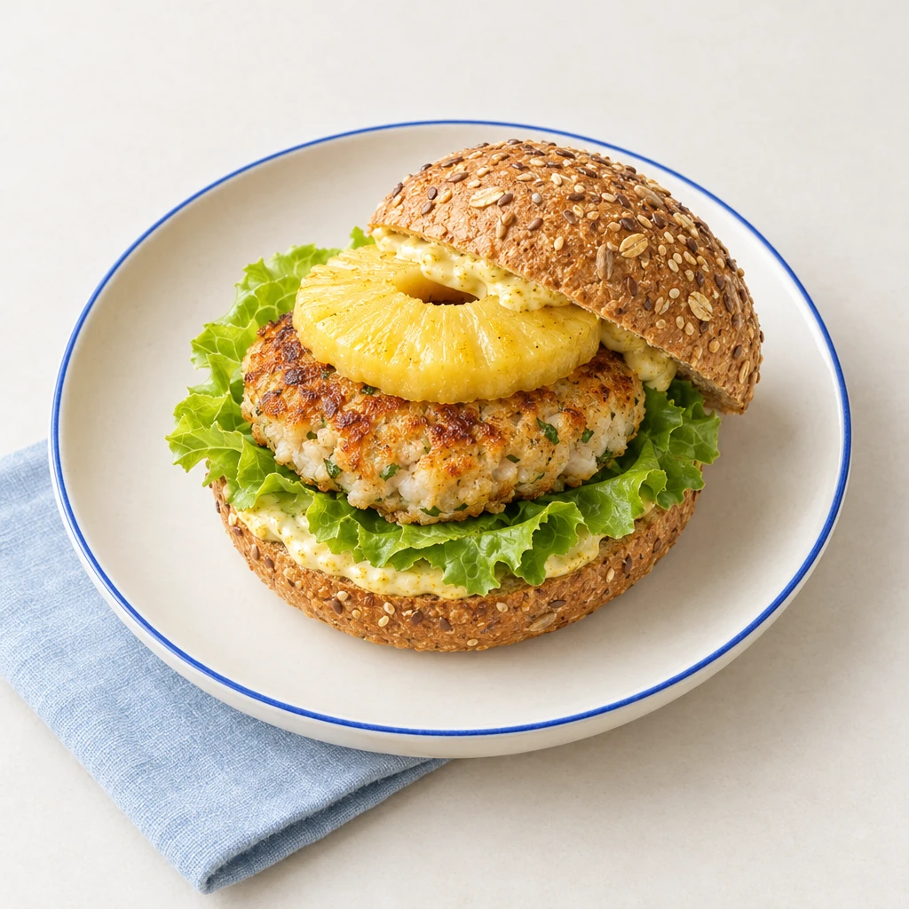 Aufgeschnittener Fischburger im Mehrkornbrötchen mit Salat, frischer Ananas und Curry-Salatcreme.