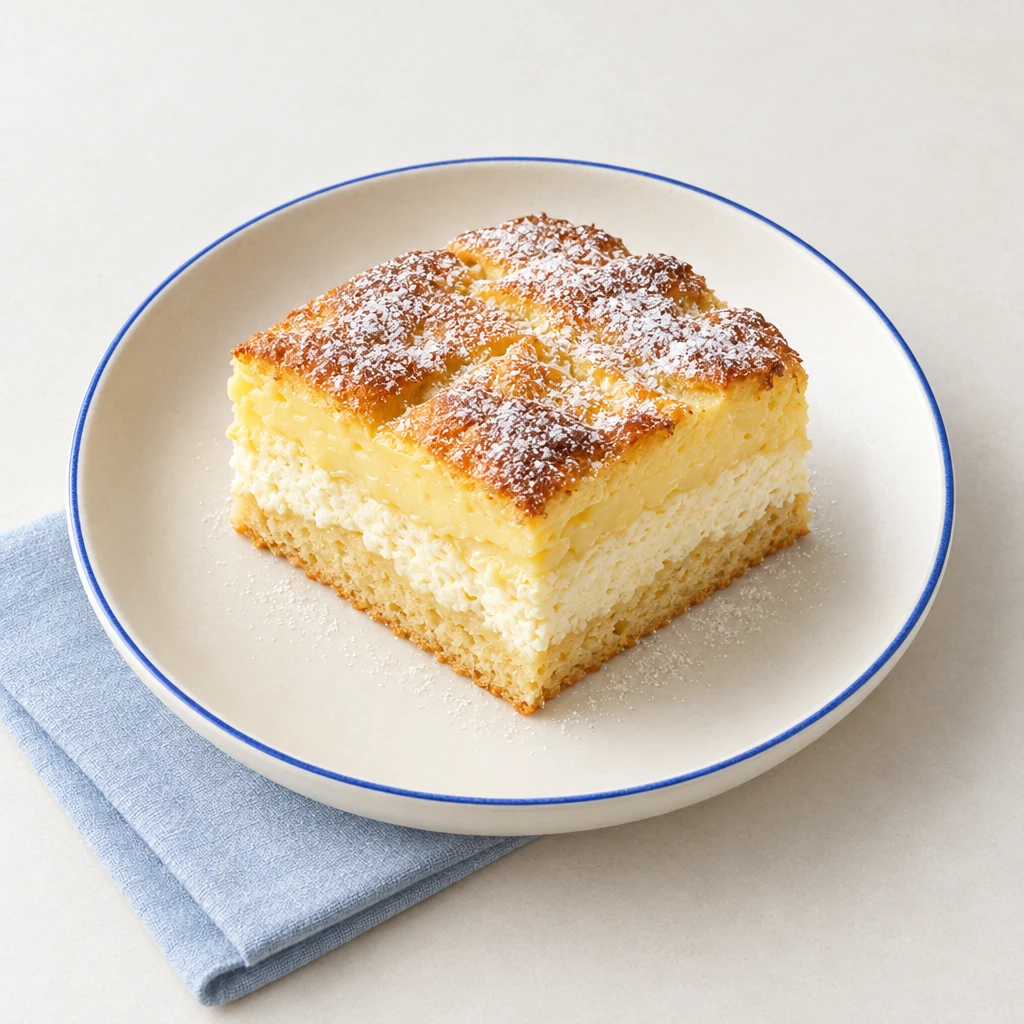 Ein Stück Eierschecke mit Hefeboden, heller Quarkschicht und goldbraun gebackener Puddingschicht.