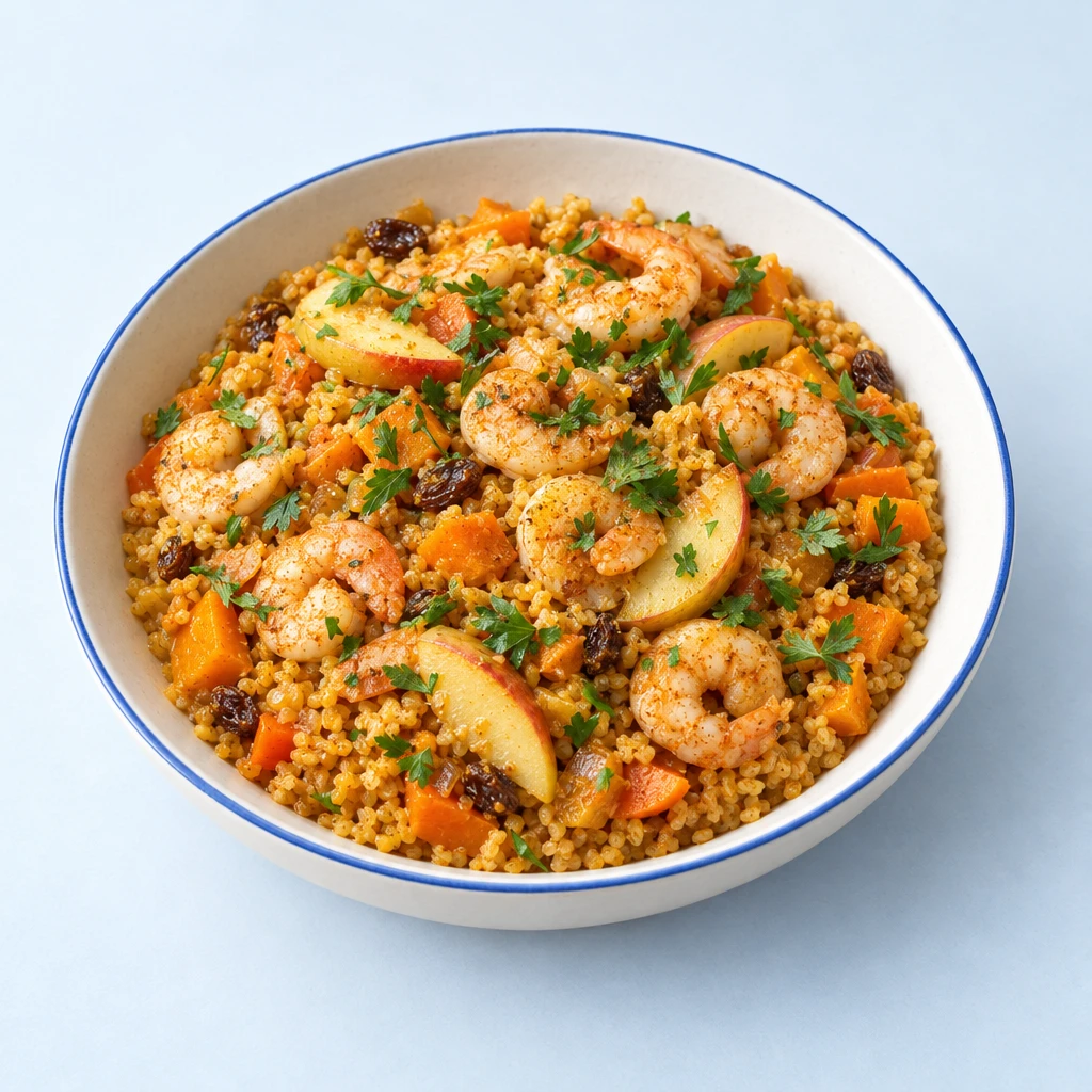 Zimt-Bulgur mit Karotten, Kürbis und Rosinen, darauf gebratene Garnelen, Apfelspalten und glatte Petersilie.