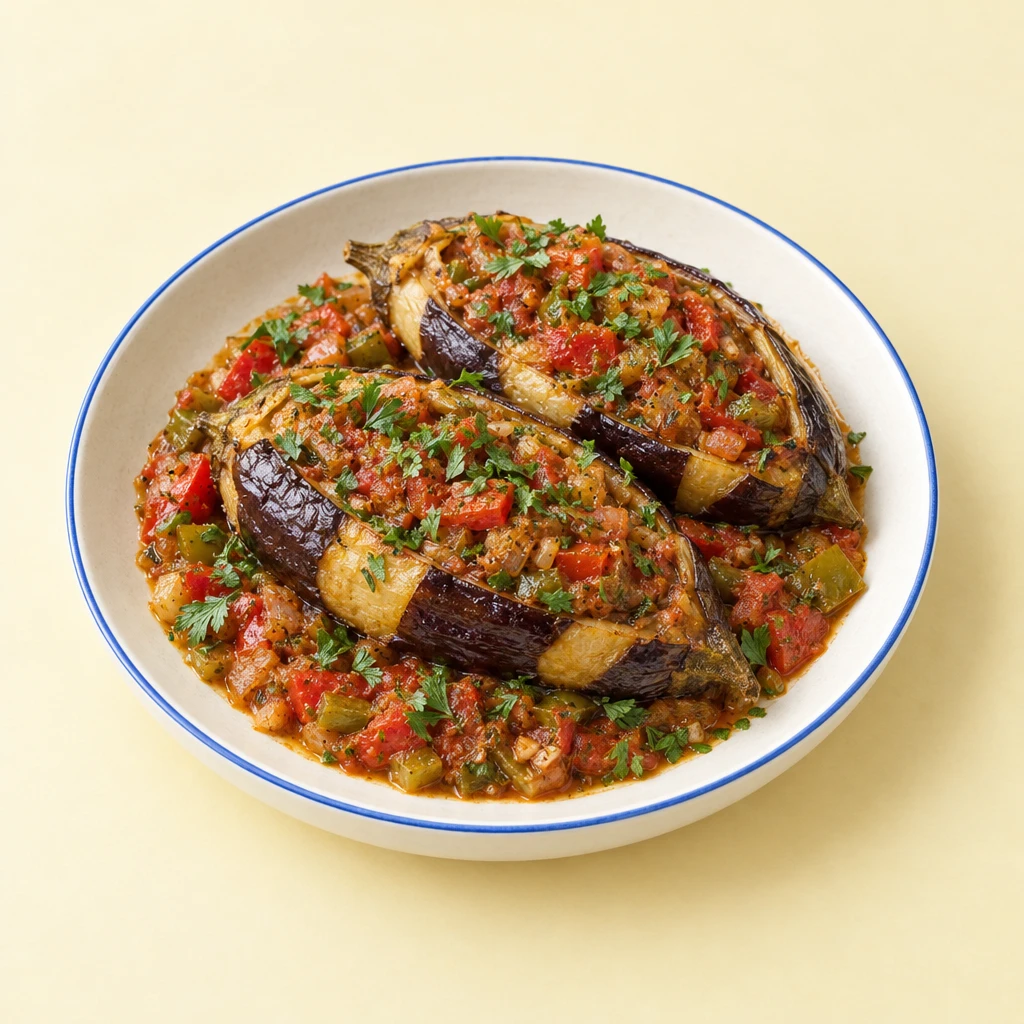 Gebackene Auberginen mit einer Füllung aus Tomaten, grüner Paprika und Schmorgemüse, garniert mit Petersilie.