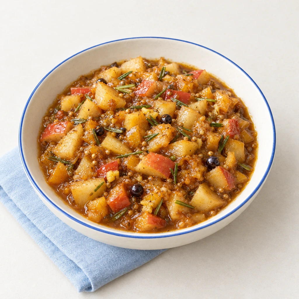 Goldbraunes Birnen-Apfel-Chutney mit weichen Fruchtstücken und Gewürzen in einer flachen Schale.