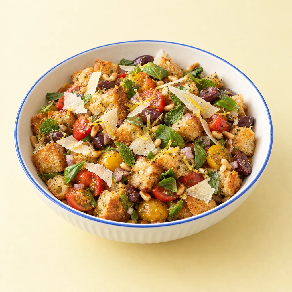 Brotsalat mit gerösteten Ciabattawürfeln, bunten Kirschtomaten, Oliven, Parmesan, Pinienkernen, Minze und Basilikum.