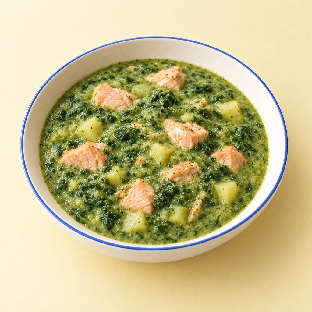 Grüner Spinat-Kartoffel-Brei mit püriertem Lachs in einer flachen Schale.