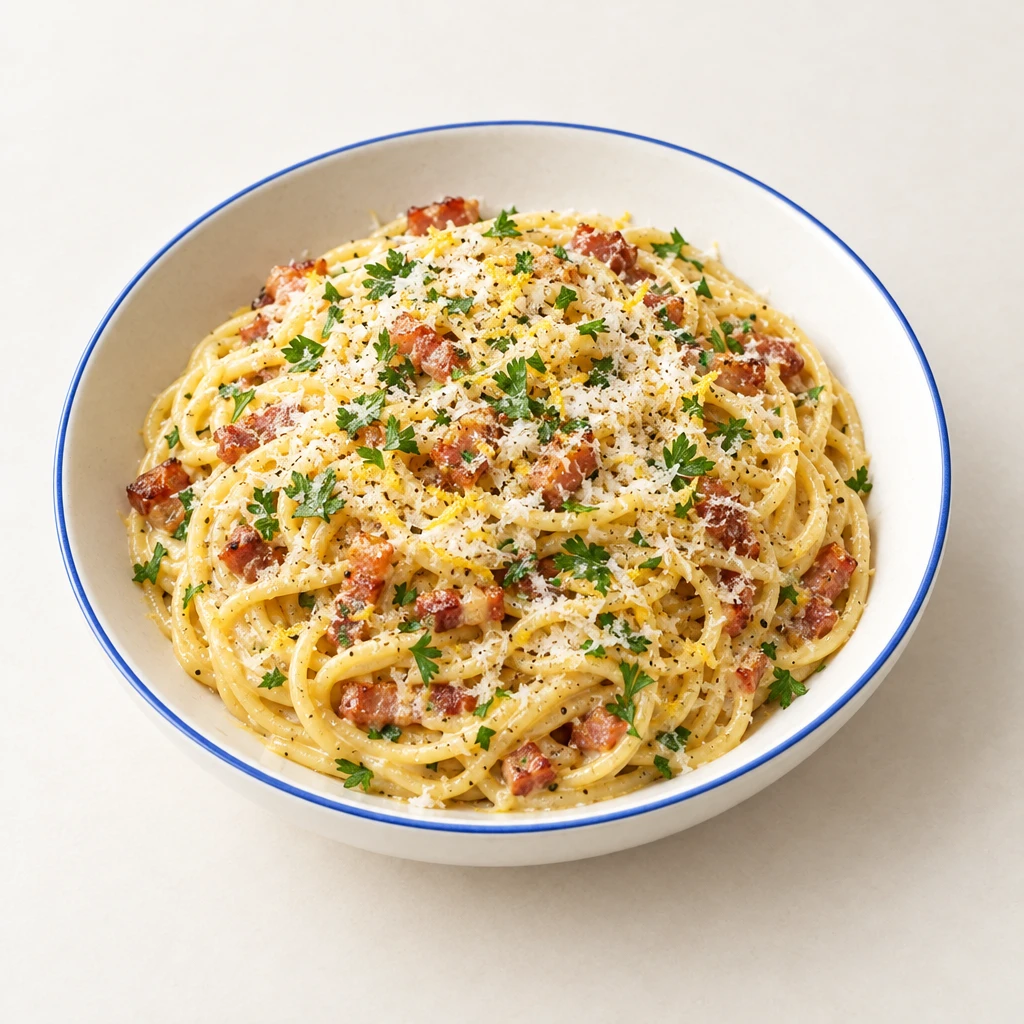 Spaghetti in cremiger Sauce mit knuspriger Pancetta, gehackter Petersilie und geriebenem Parmesan in einer flachen Schale.