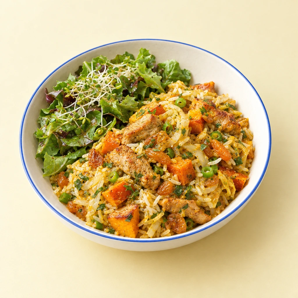 Kürbispfanne mit Schweinefleisch, Weißkohl, Reis und Aprikosen, daneben Blattsalat mit Sprossen.