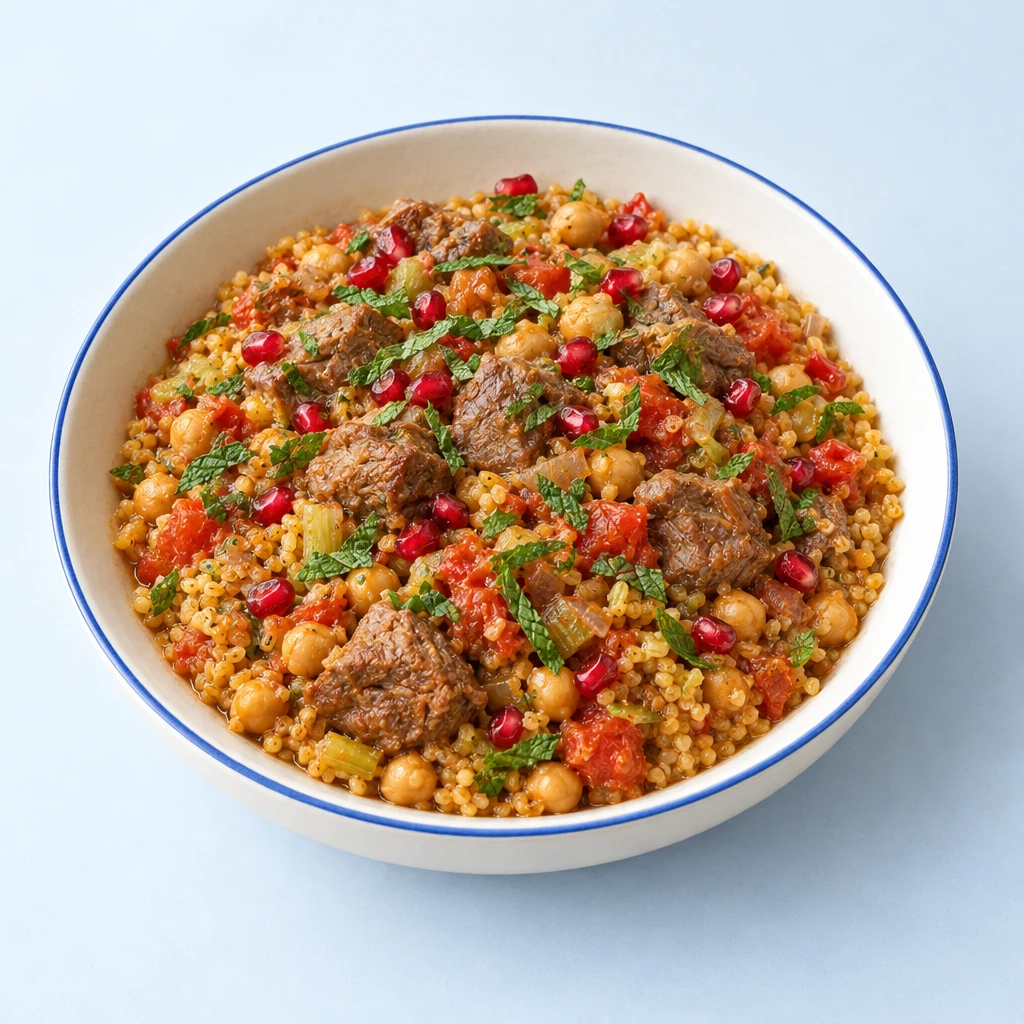 Lammragout mit Tomaten und Kichererbsen neben Bulgur, garniert mit Minzstreifen und Granatapfelkernen.