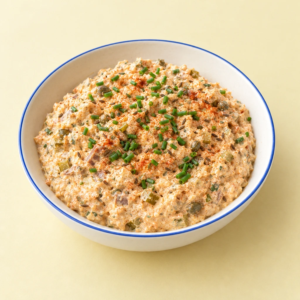 Cremiger, hellorangefarbener Liptauer mit Gewürzgurkenstückchen und Schnittlauch in einer flachen Schüssel.