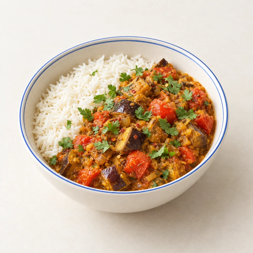 Auberginen-Curry in Tomatensauce auf Basmatireis, mit frischem Koriander garniert.