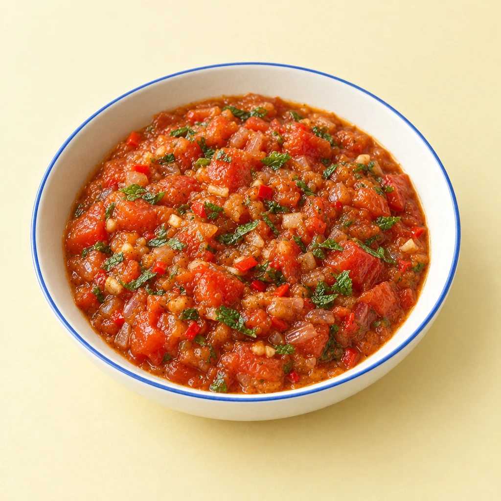 Rotes Tomaten-Chutney mit weichen Tomatenstückchen und fein geschnittener Minze in einer flachen Schale.
