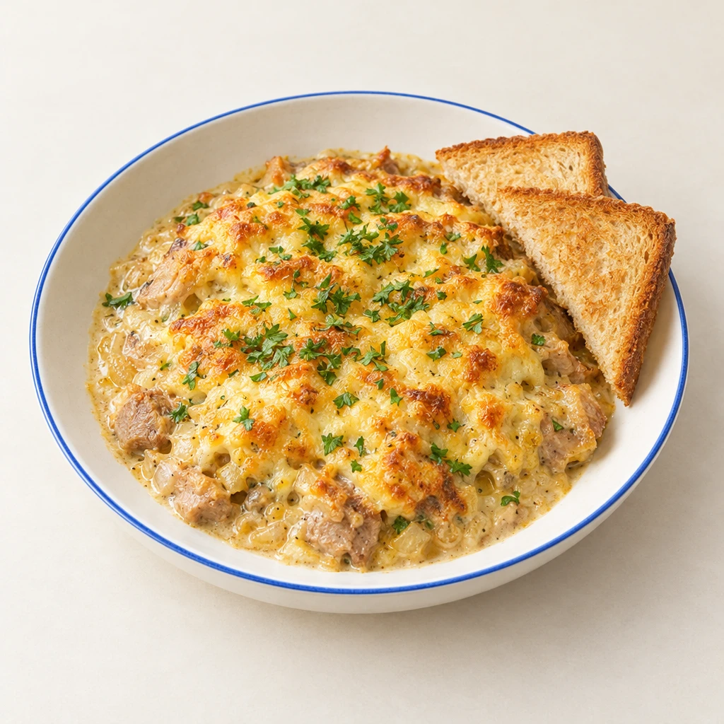 Würzfleisch in cremiger Soße mit goldbrauner Gouda-Kruste und Petersilie, dazu geröstetes Toastbrot.
