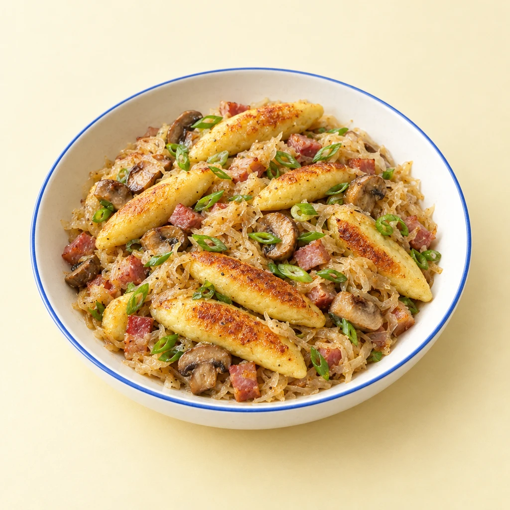 Goldbraun gebratene Schupfnudeln mit Sauerkraut, Champignons, Schinkenwürfeln und feinen Lauchzwiebelstreifen auf einem Teller.