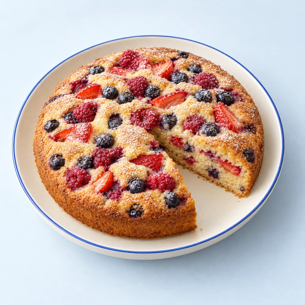 Goldbrauner Beerenkuchen in Ringform mit frischen Beeren und einem angeschnittenen Stück.