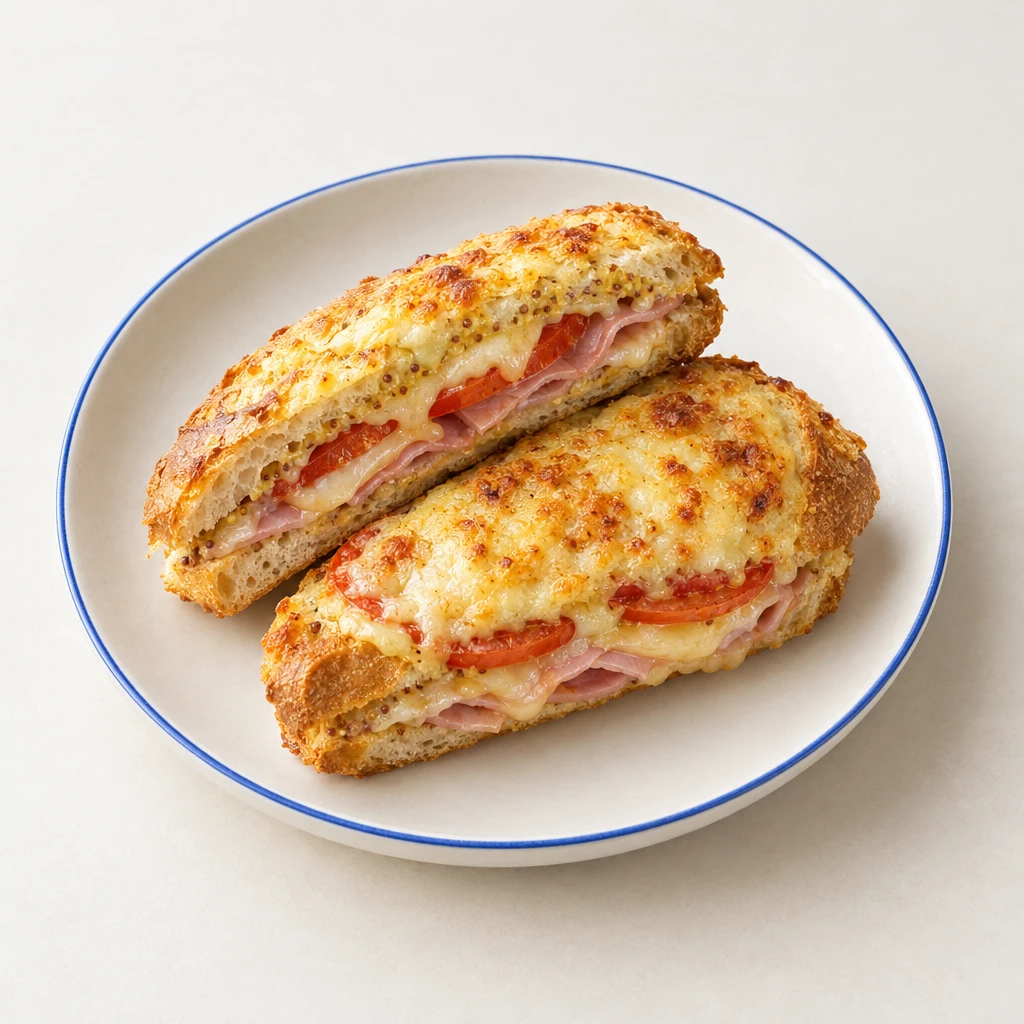 Baguette-Sandwiches mit Kochschinken, Tomaten, geschmolzenem Käse und Dijon-Senf.