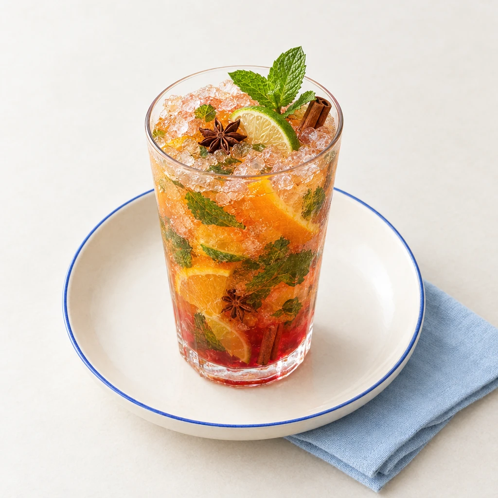 Rötlicher Minz-Eistee mit Crushed Ice und frischer Minze im Glas.