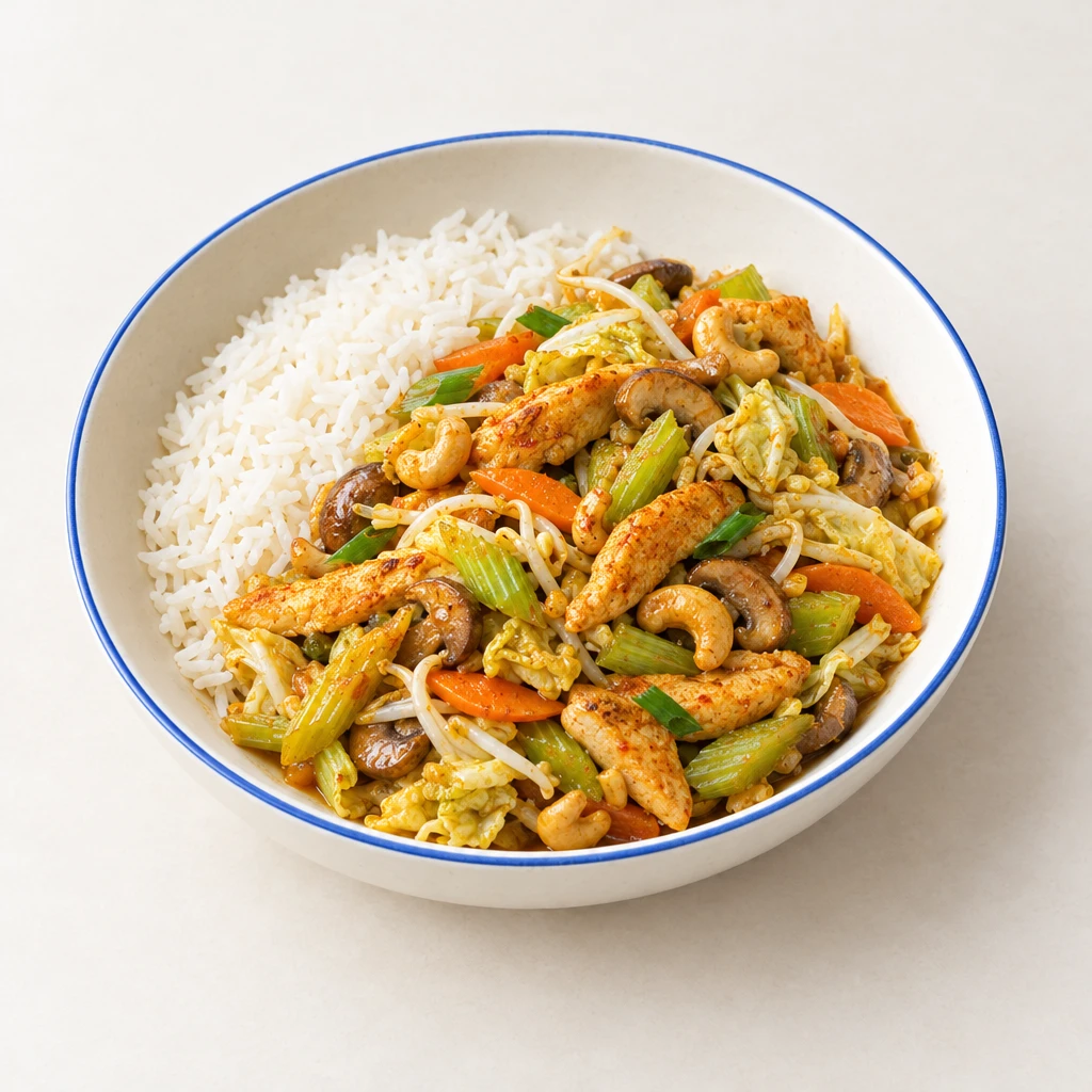 Hähnchenbruststreifen mit Gemüse, Pilzen, Mungobohnensprossen und Cashewkernen in goldgelber Sauce, daneben Reis.
