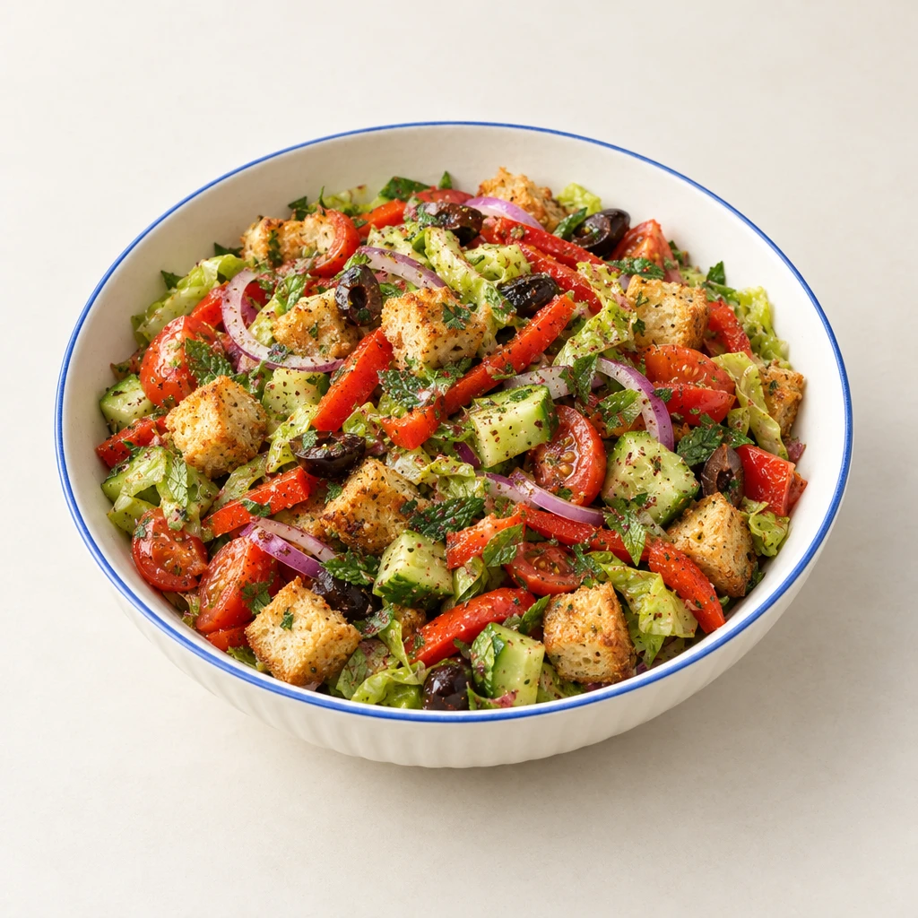 Arabischer Brotsalat mit gerösteten Fladenbrotwürfeln, Tomaten, Gurke, roter Paprika, Salat und schwarzen Oliven.