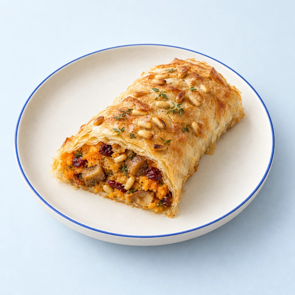 Goldbrauner Filostrudel mit Süßkartoffel-Maronen-Füllung, Cranberrys und Pinienkernen, angeschnitten auf einem Teller.