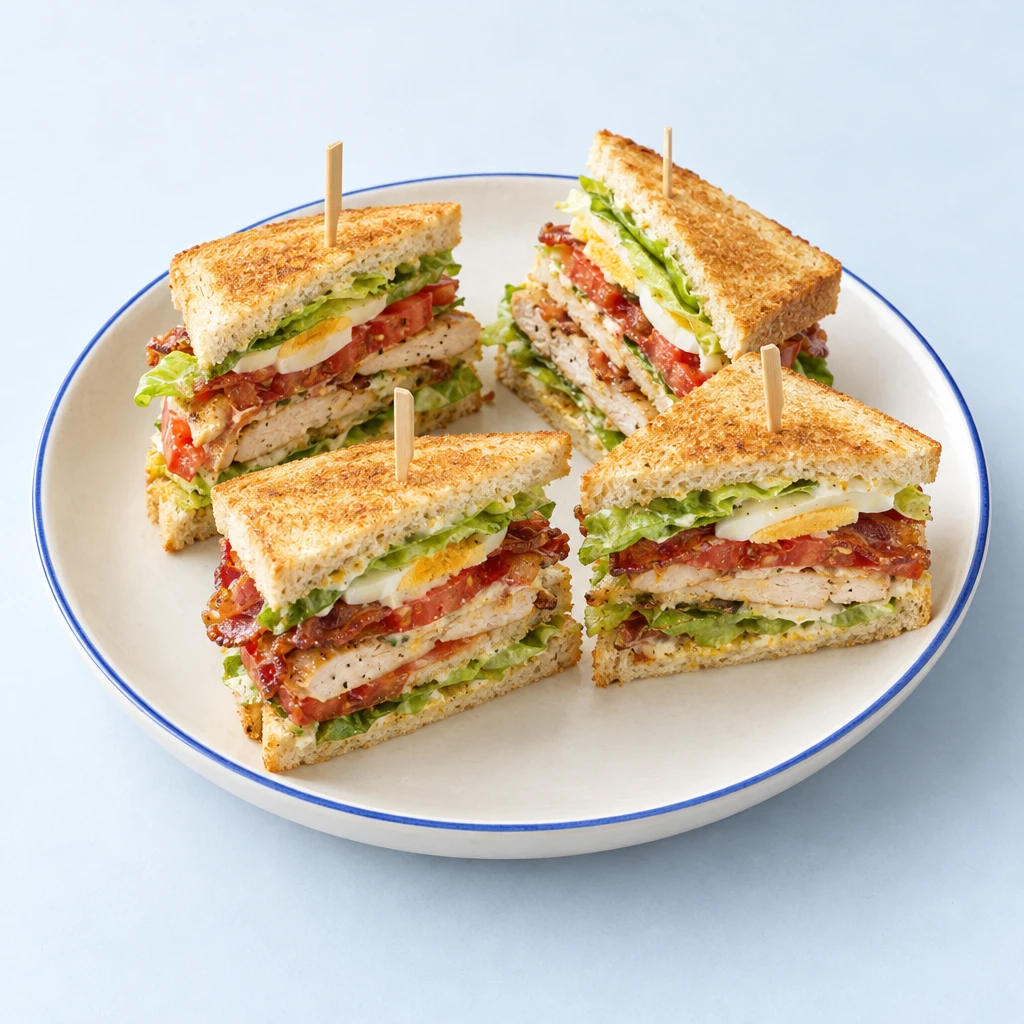 Diagonal halbiertes Club-Sandwich mit geröstetem Toast, Hähnchen, Speck, Ei, Tomaten, Römersalat und Mayonnaise-Senf-Creme.