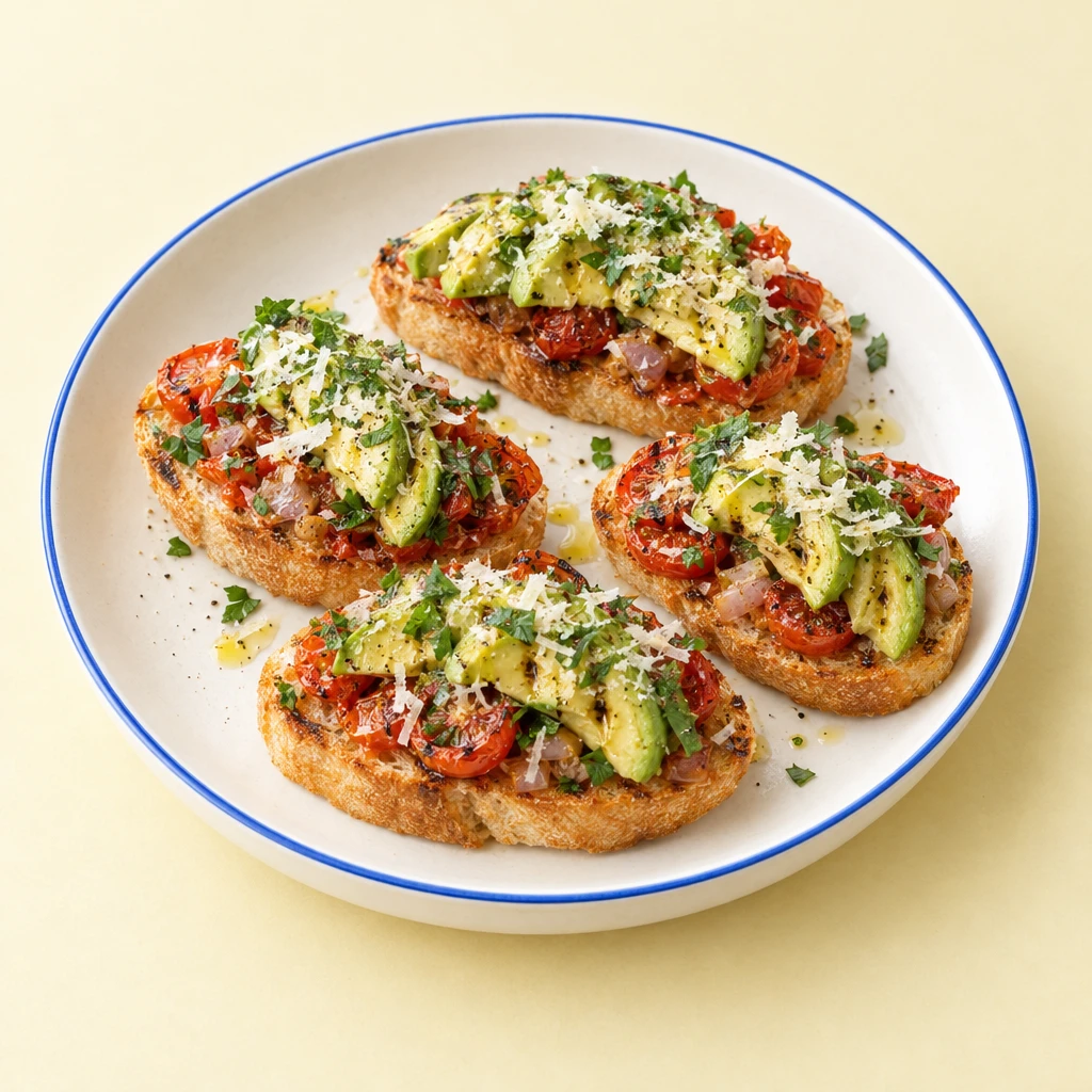 Geröstete Baguettescheiben mit Tomaten, Schalotten, gegrillter Avocado, geriebenem Parmesan und frischen Kräutern.
