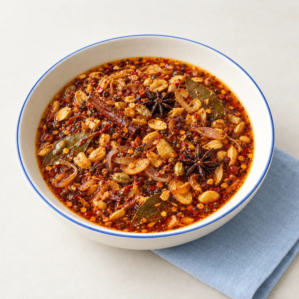 Rotes Chiliöl mit knusprigem Knoblauch, Ingwer, Schalotten und gerösteten Erdnüssen im Glas.