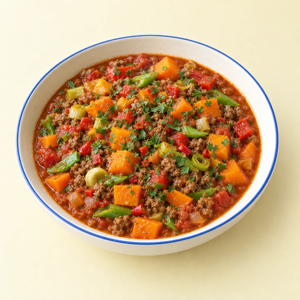 Kürbischili mit fein gewürfeltem Rindfleisch, Paprika, Lauch und Zuckerschoten, mit Petersilie bestreut in einer Schale.