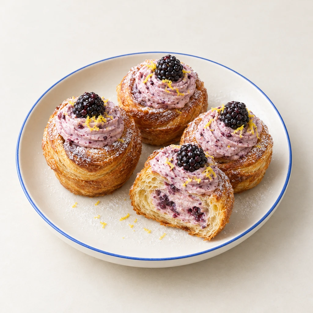 Goldbraune Blätterteig-Cruffins mit Brombeeren und Puderzucker, einer aufgeschnitten mit sichtbarer Brombeercreme.