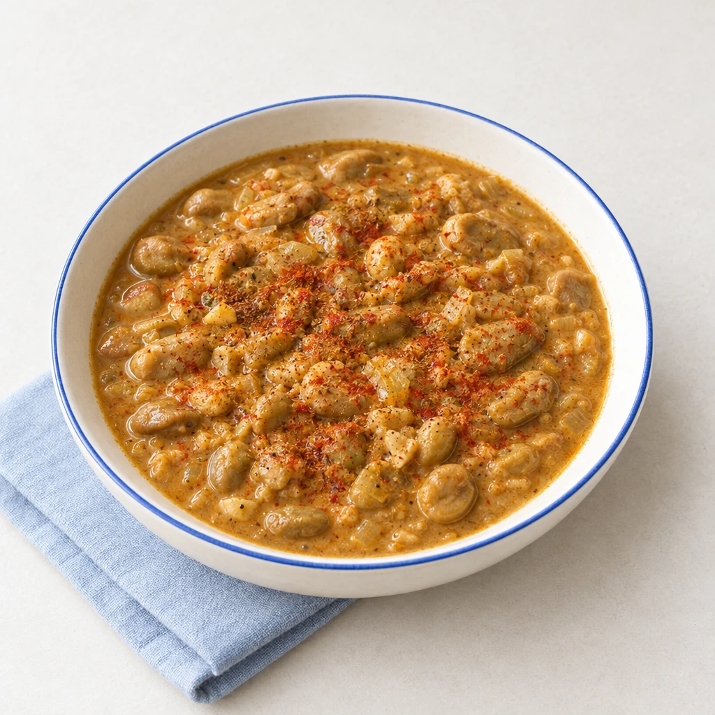 Cremige Saubohnensuppe mit ganzen Bohnen und Chilipulver in einer Schüssel.