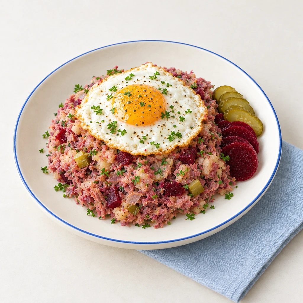 Rötlicher Labskaus aus Rindfleisch, Kartoffeln, Matjes und Roter Bete, mit Spiegelei und fein geschnittener Petersilie.