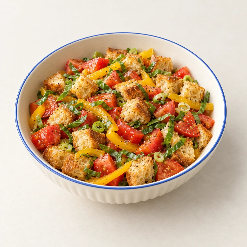 Tomaten-Brotsalat mit gerösteten Ciabattawürfeln, gelber Paprika, Frühlingszwiebeln und Basilikum in einer flachen Schüssel.