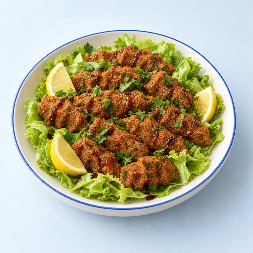 Rötliche vegane Çiğköfte mit typischen Fingerrillen in Salatblättern, dazu Zitronenspalten, Granatapfelsirup und Petersilie.