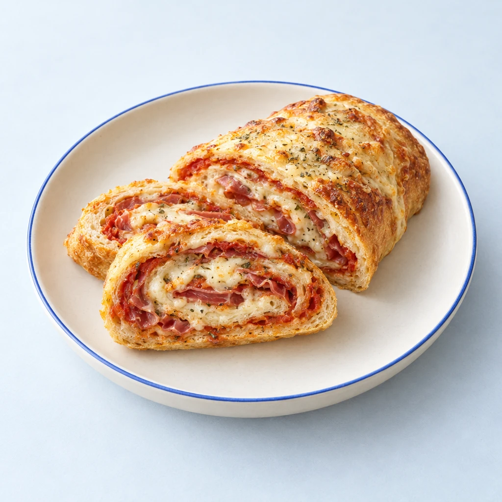 Ringförmige Pizzarolle mit geschmolzenem Mozzarella und sichtbarer Tomaten-Schinken-Füllung.
