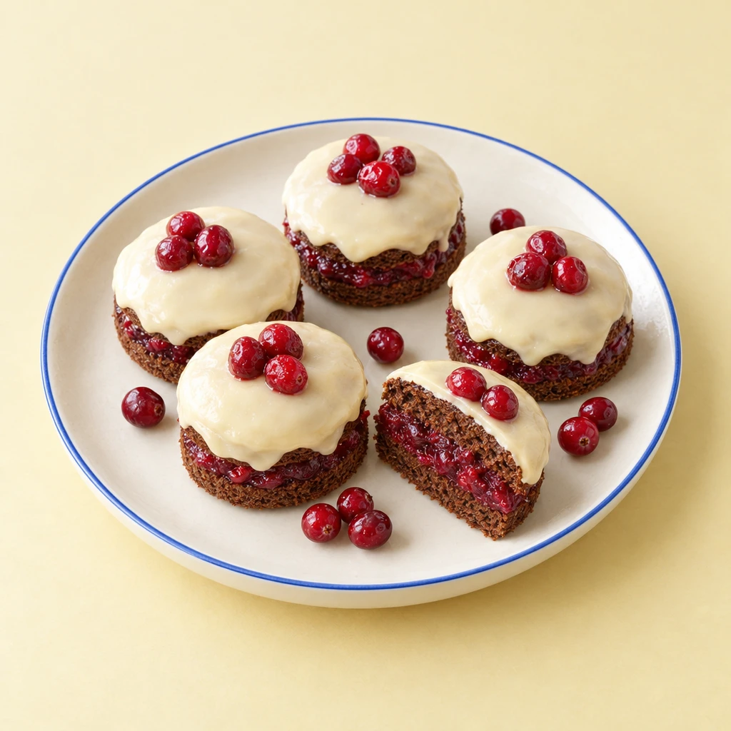 Kleine Schokoladentörtchen mit Cranberryfüllung, weißer Schokoladenglasur und frischen Cranberrys; eines ist angeschnitten.
