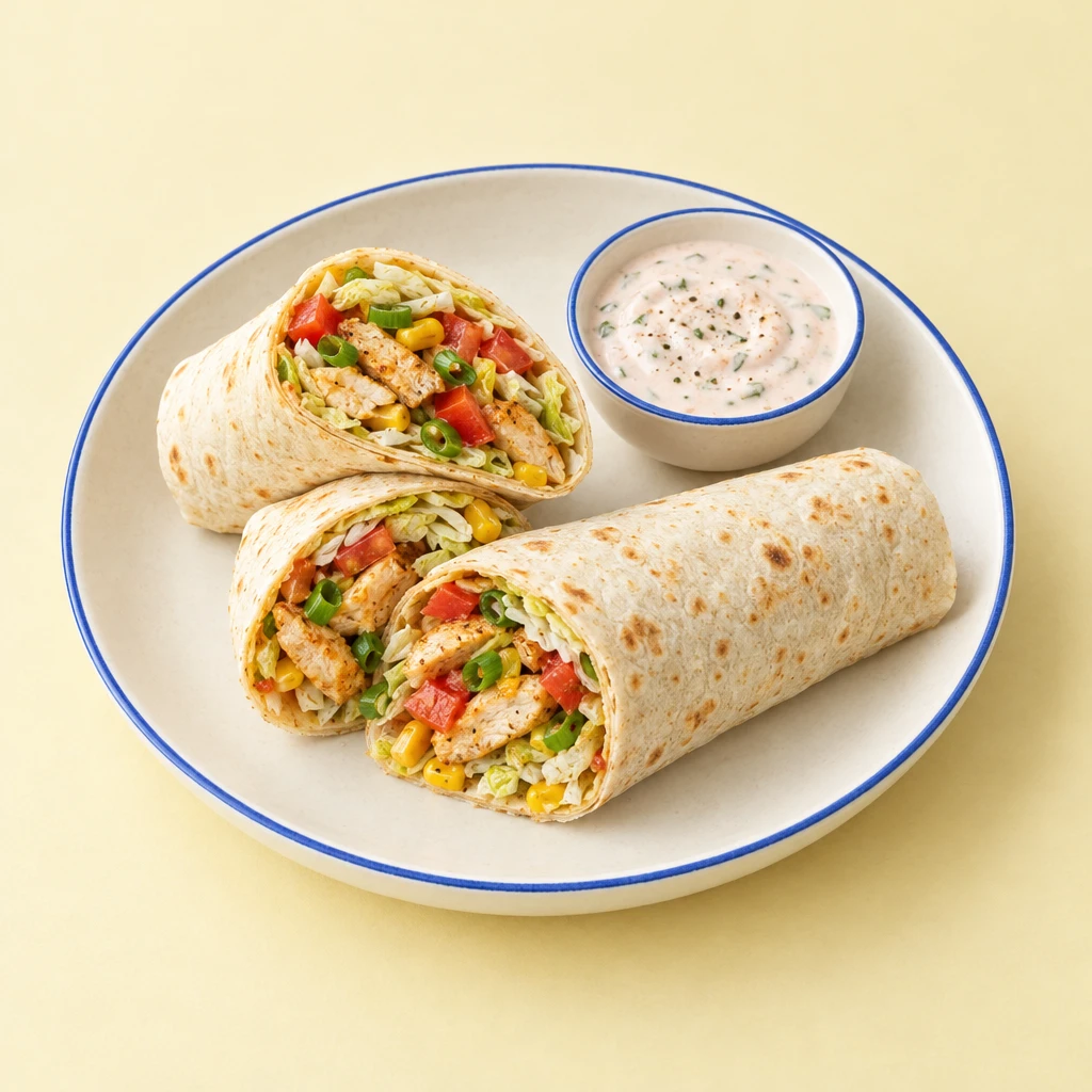 Aufgeschnittene Hähnchen-Wraps mit Tomaten, Mais, Frühlingszwiebeln, Chinakohl und Tomaten-Joghurt-Dip auf einem Teller.
