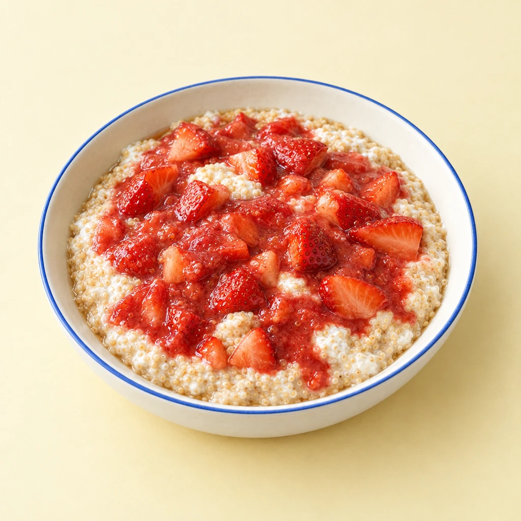 Amaranth-Quark-Creme mit stückigem Erdbeerkompott in einer Schale.