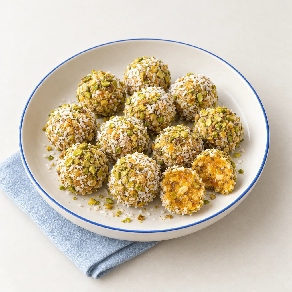 Früchte-Cashew-Kugeln mit Kokosraspeln und gehackten Pistazien auf einem Teller, eine Kugel aufgeschnitten.