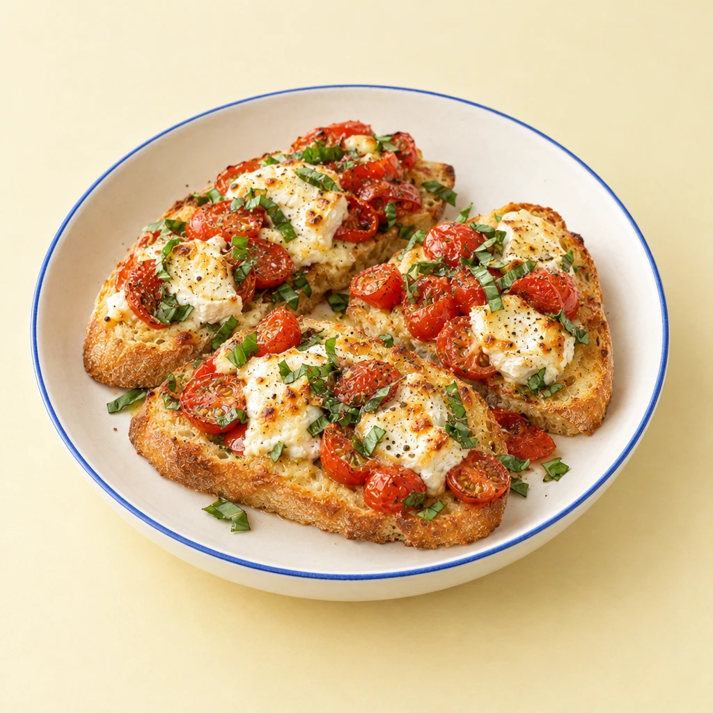 Goldbraune Ciabattascheiben mit gerösteten Kirschtomaten, Basilikum und überbackenem Ziegenkäse.